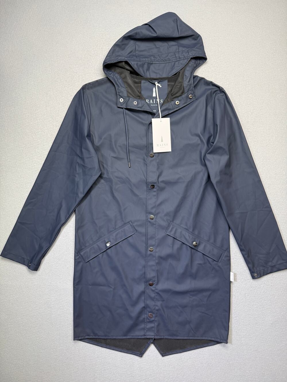 RAINS Unisex Waterproof Long Rain Jacket Blue XX-Small/X-Small $140